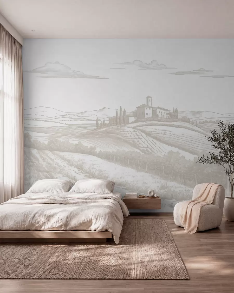 Papier peint photo Paysages de Toscane, Italie, vignobles, nature, vieux château, couleurs beiges w03349