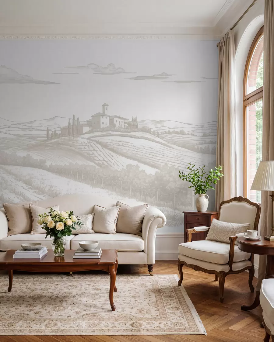 Fotobehang Toscane landschappen, Italië, wijngaarden, natuur, oud kasteel, beige kleuren w03349