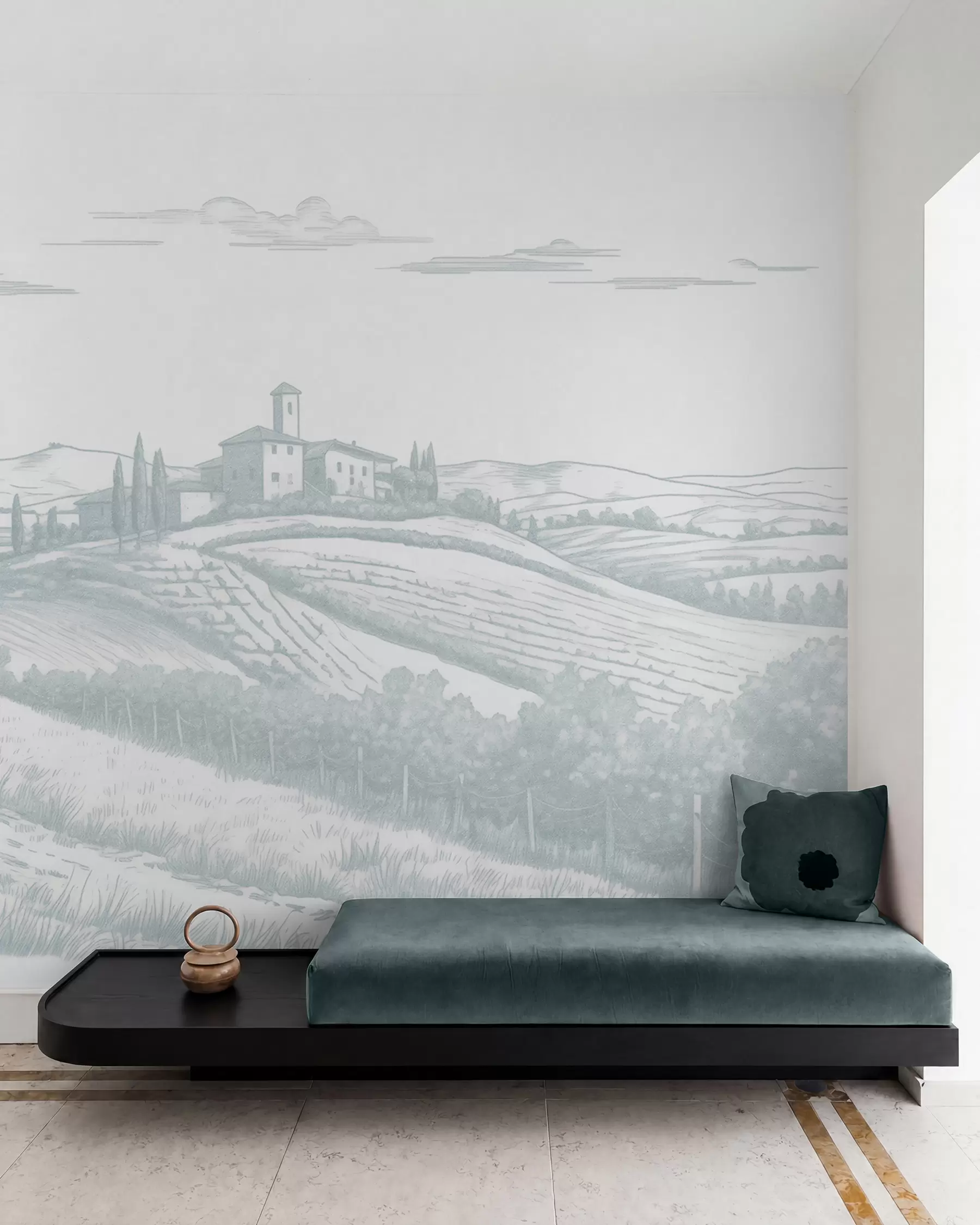 Fotobehang Toscane landschappen, Italië, wijngaarden, natuur, oud kasteel, blauwe kleuren w03349v1