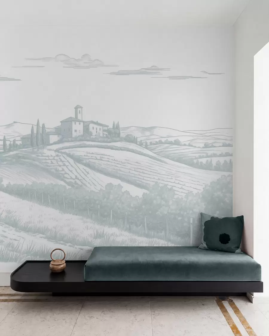 Fotobehang Toscane landschappen, Italië, wijngaarden, natuur, oud kasteel, blauwe kleuren w03349v1