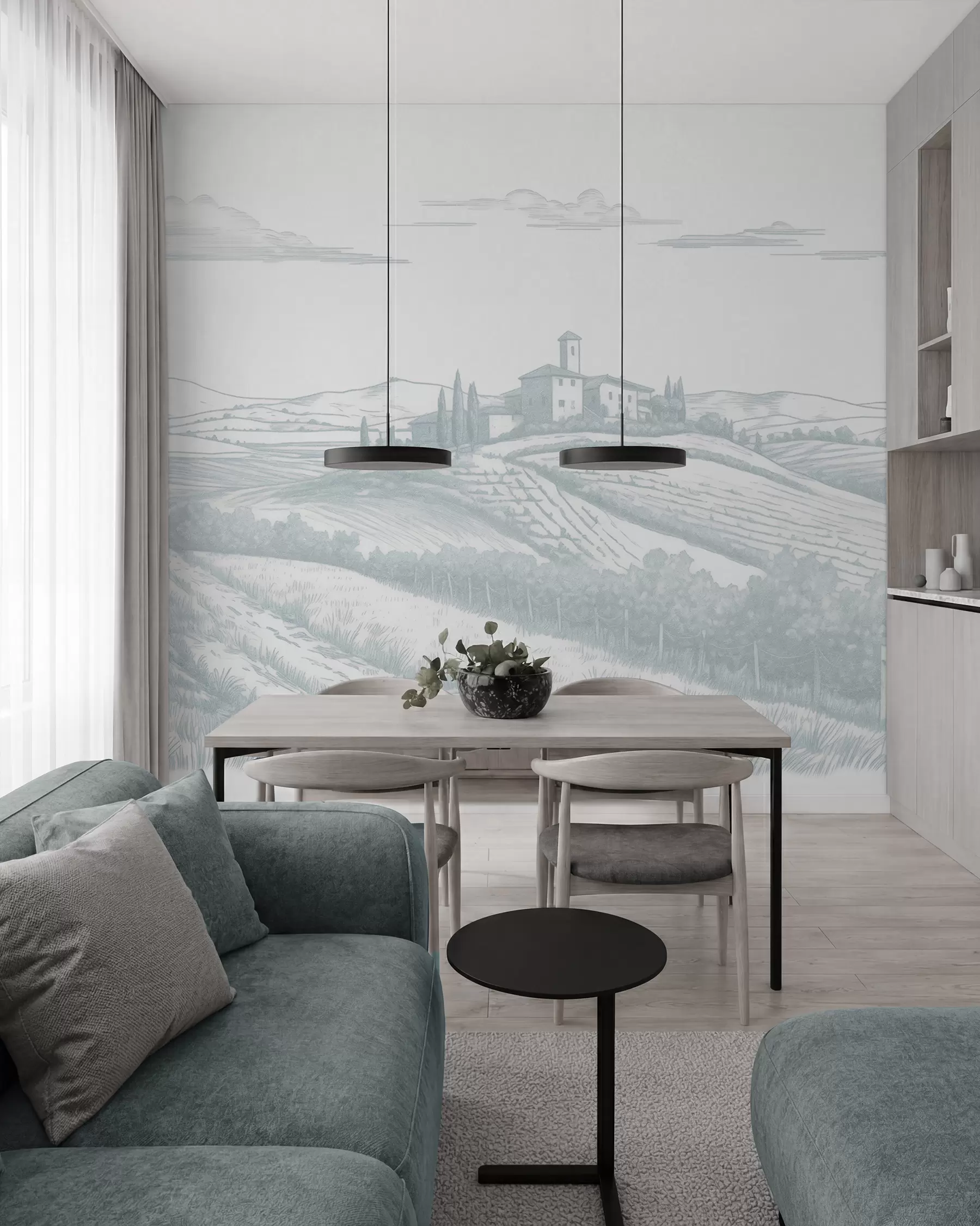 Fotobehang Toscane landschappen, Italië, wijngaarden, natuur, oud kasteel, blauwe kleuren w03349v1
