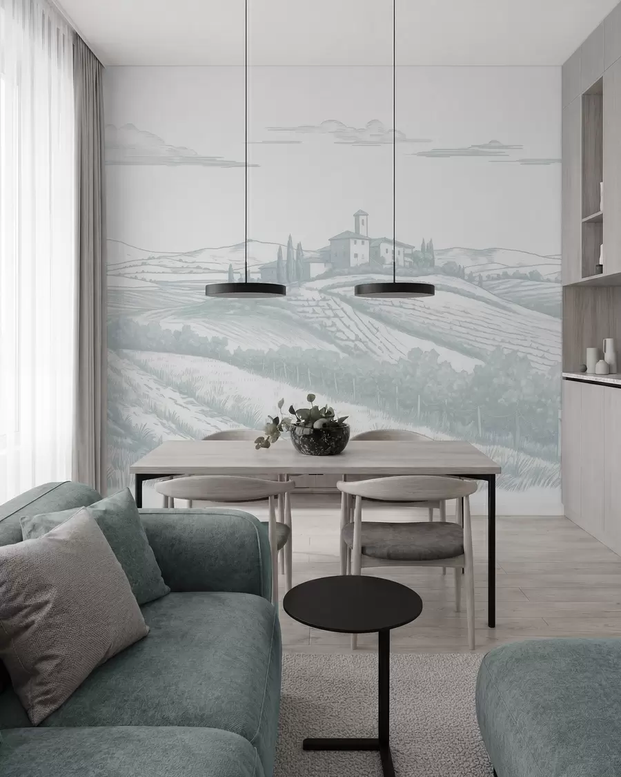 Fotobehang Toscane landschappen, Italië, wijngaarden, natuur, oud kasteel, blauwe kleuren w03349v1