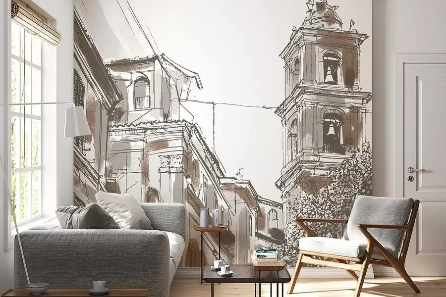 Fotobehang Mediterrane straat, kapel, architectuur, beige en bruine kleuren w03350v1