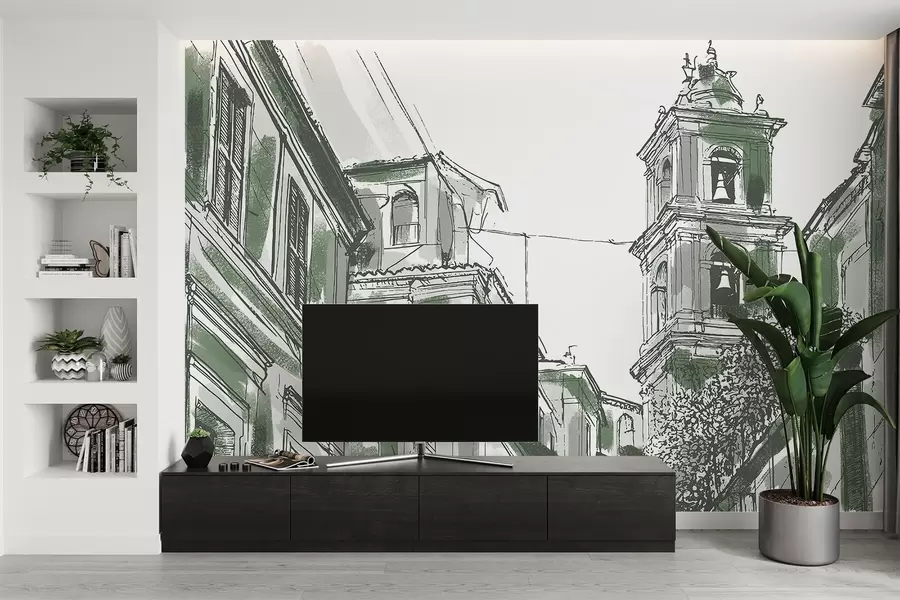 Fotobehang Mediterrane stadsstraat, kapel, architectuur, grijze en groene kleuren w03350v2