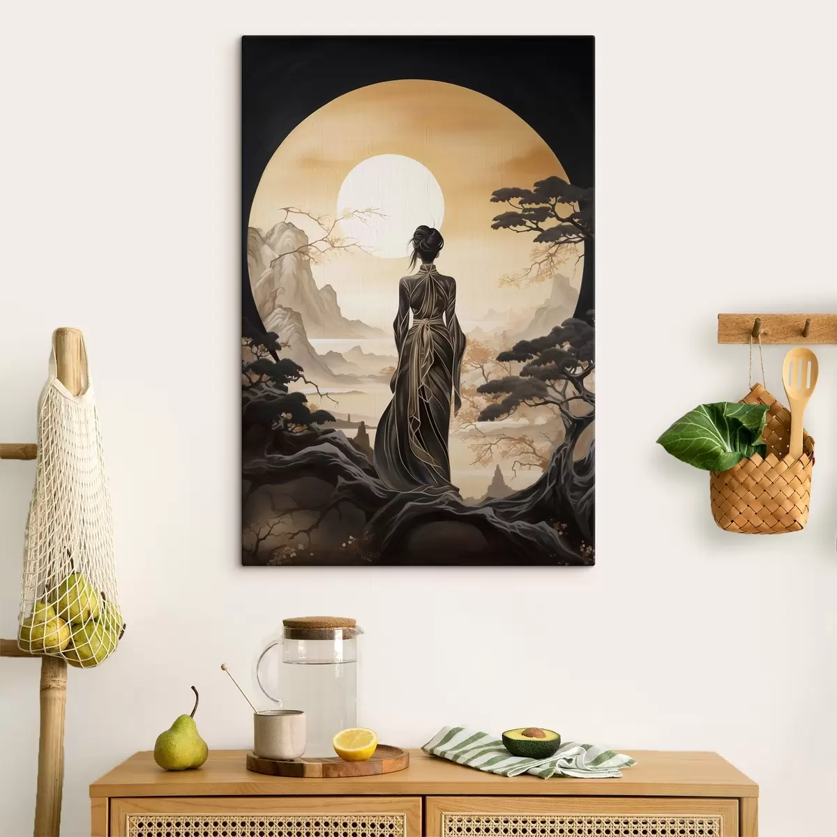  Schilderijen Mensen, Japan, meisje bij zonsondergang tegen de achtergrond van sakura en bergen s43256