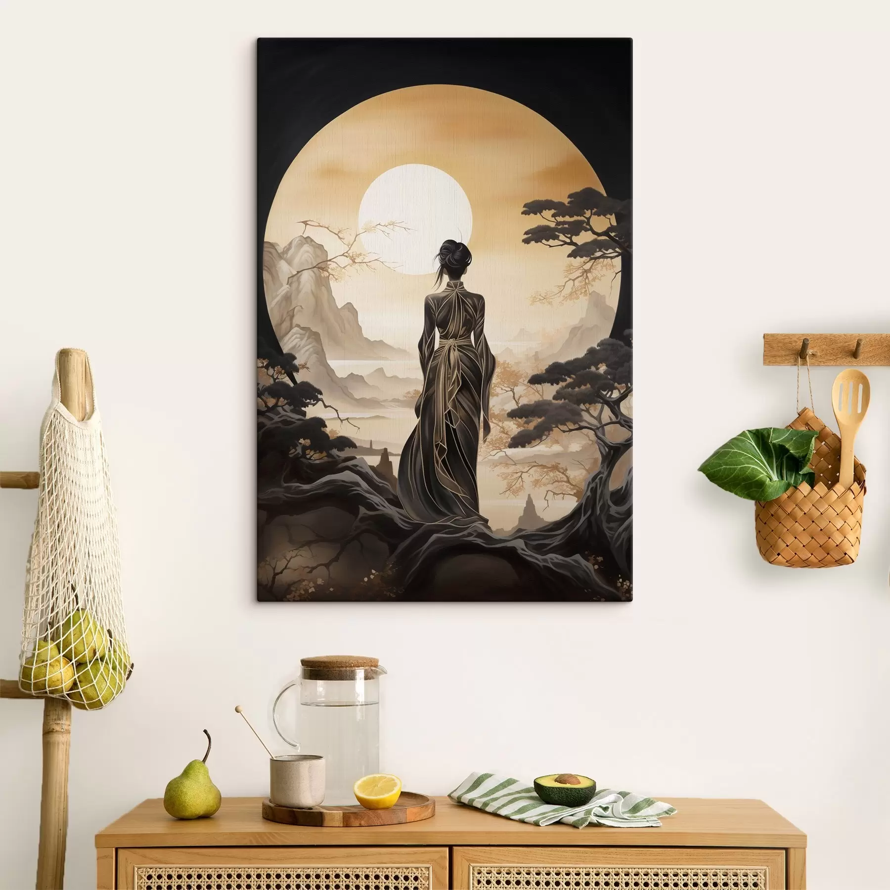  Schilderijen Mensen, Japan, meisje bij zonsondergang tegen de achtergrond van sakura en bergen s43256