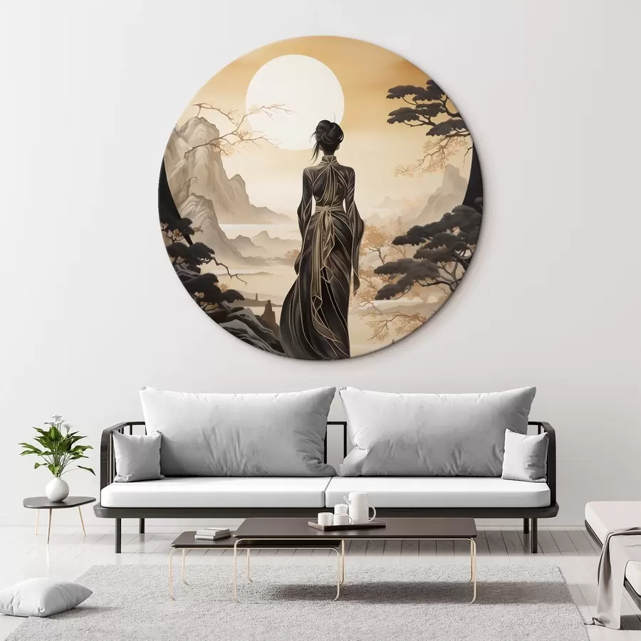  Schilderijen Mensen, Japan, meisje bij zonsondergang tegen de achtergrond van sakura en bergen r43256