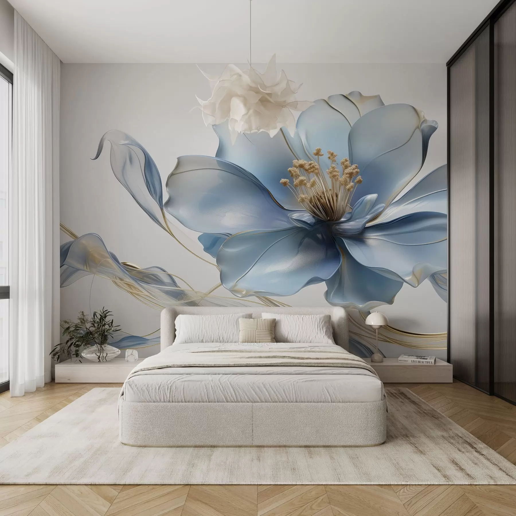 Fotobehang Grote abstracte bloem op de muur in blauwe tint w08902