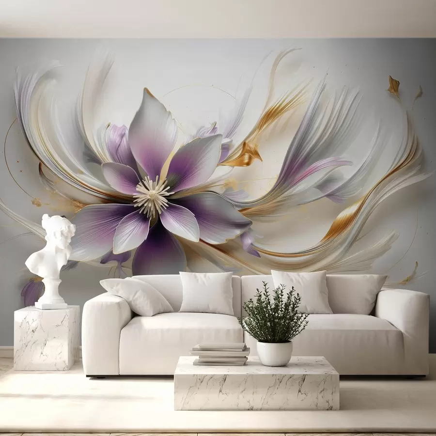 Fotobehang Grote lila tere bloem met abstracte lijnen w08903v1