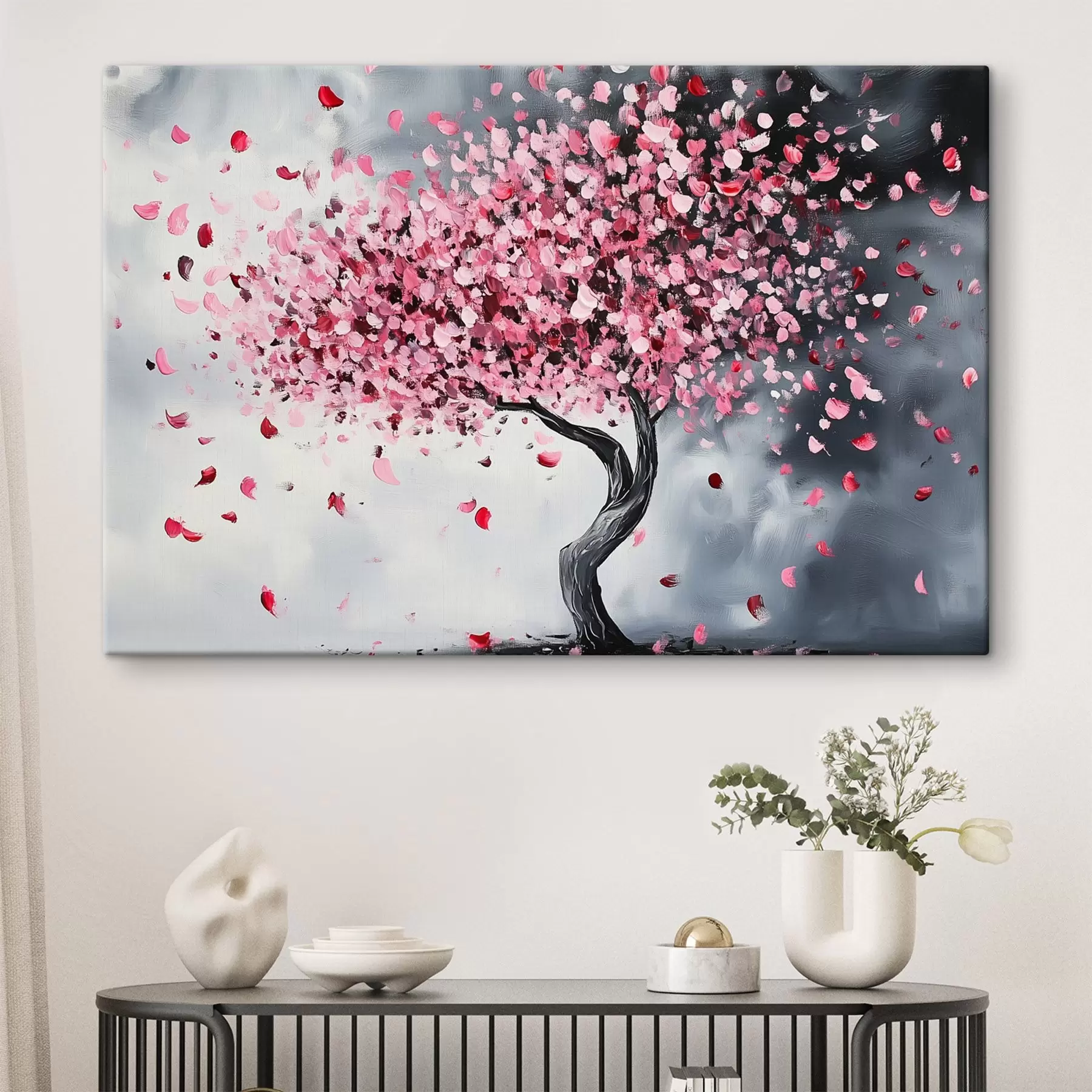 Fotobehang Roze bloeiende boom op grijze achtergrond s43299