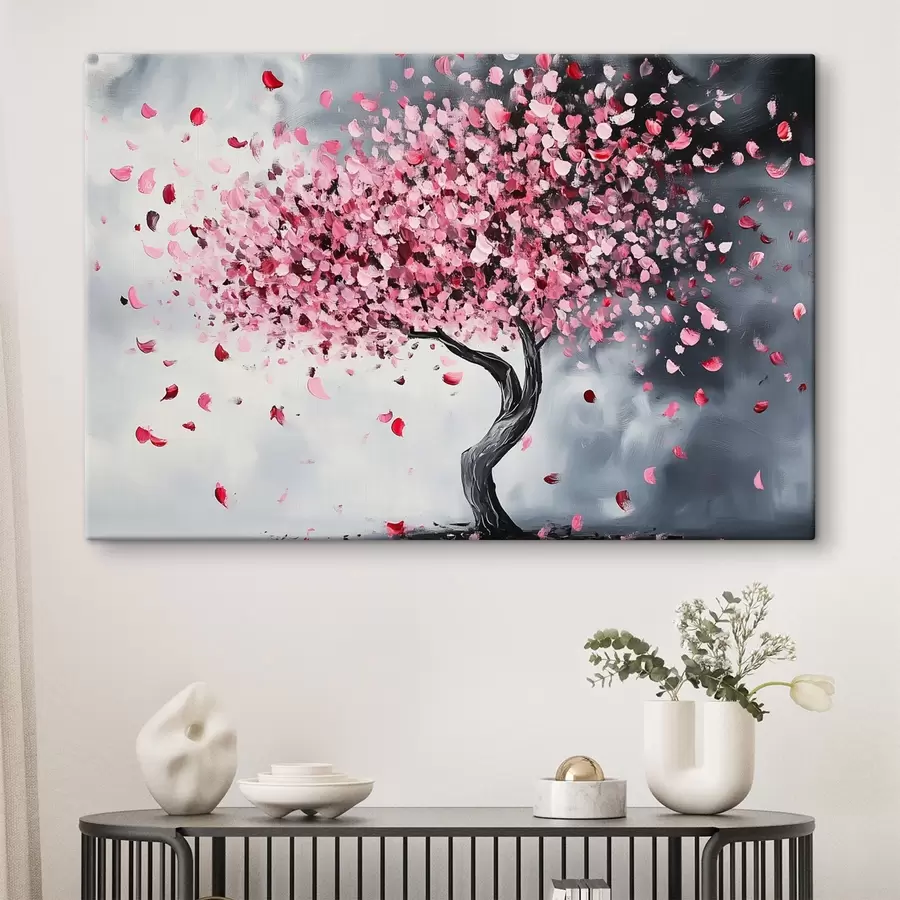  Peintures Arbre à fleurs rose sur fond gris s43299