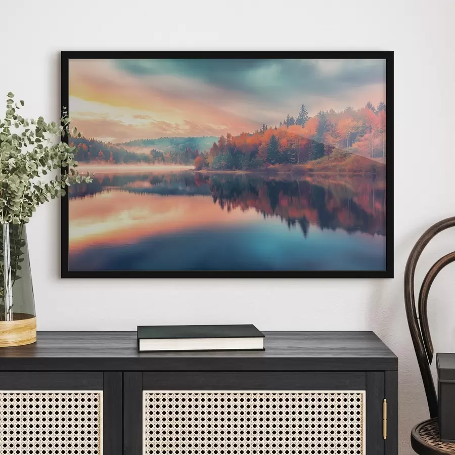 Fotobehang Dageraad op het meer in de herfst f43290