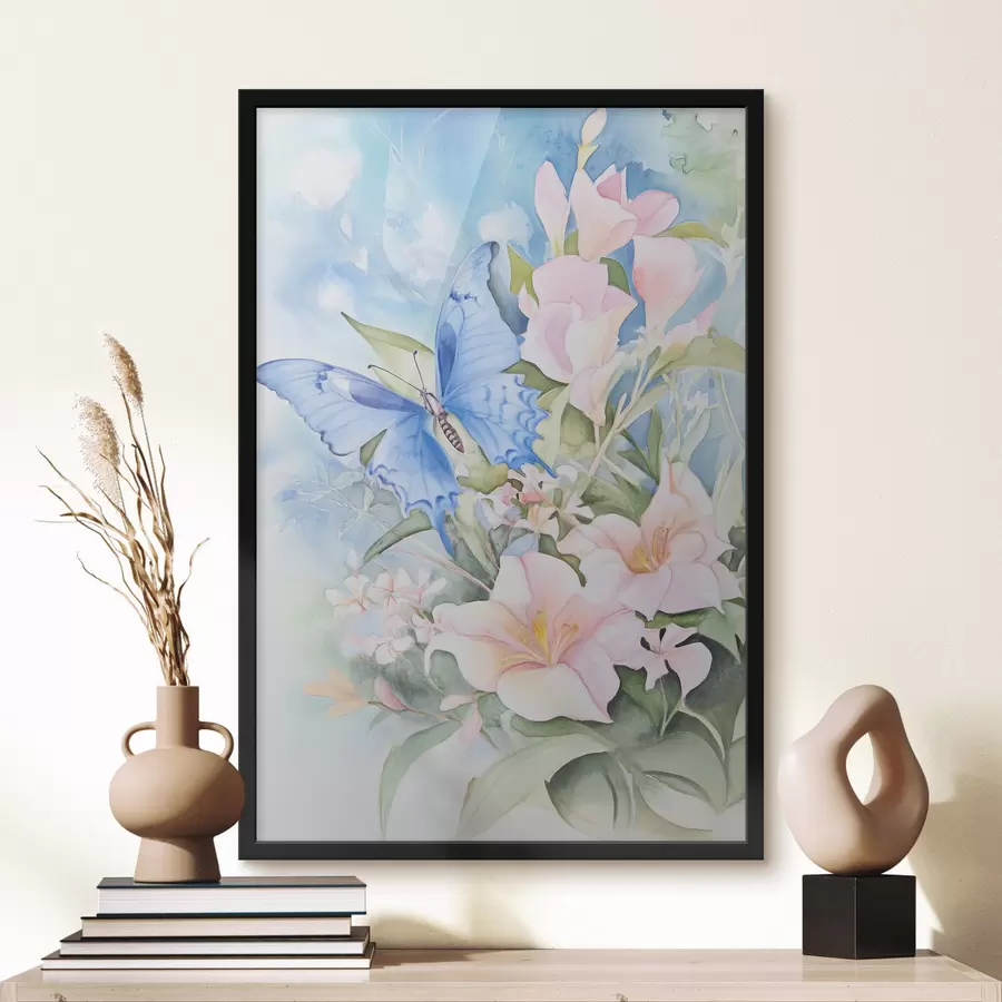 Papier peint photo Papillon bleu et fleurs roses f43296