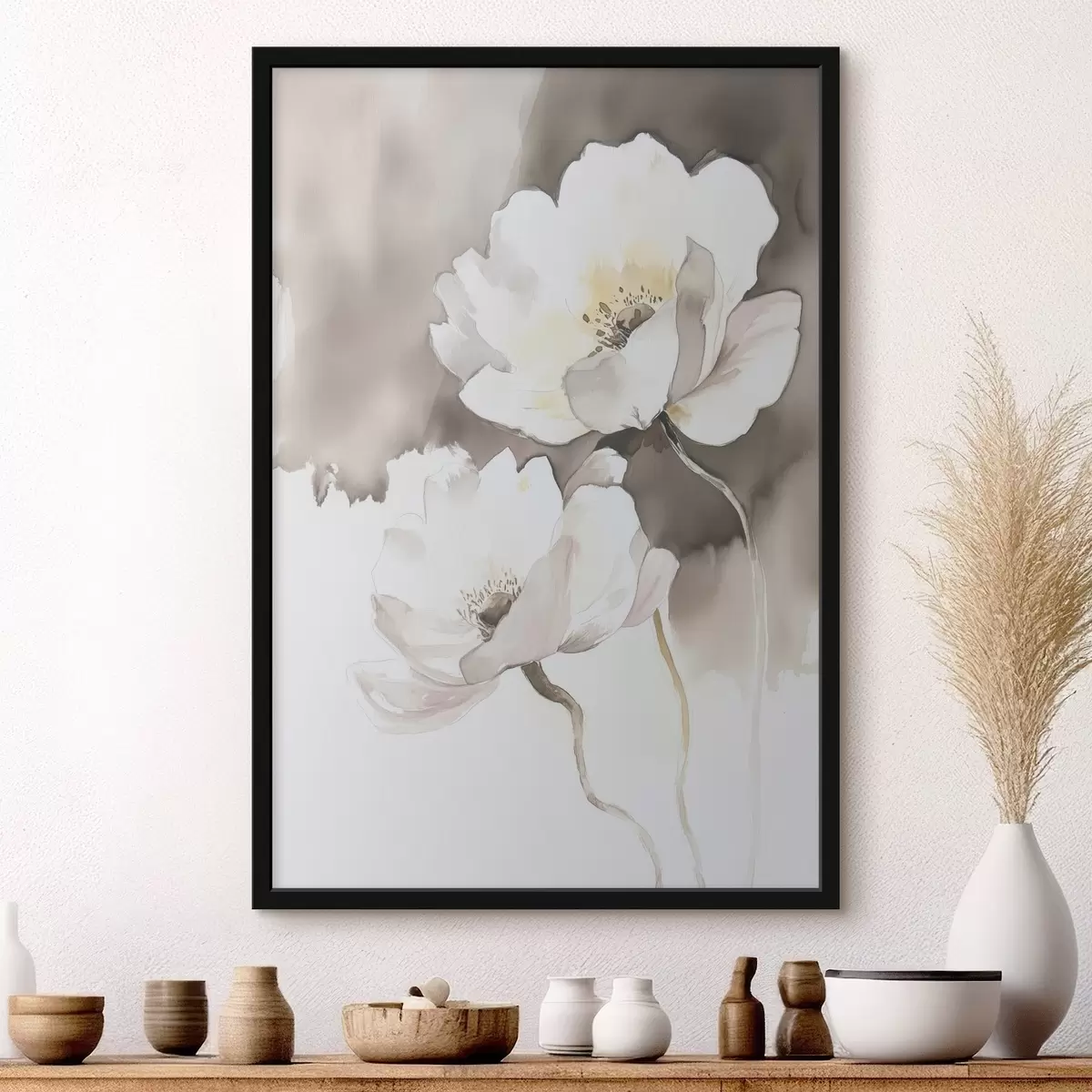 Poster Witte bloemen op een bruine achtergrond in de stijl van aquarelverf f43297