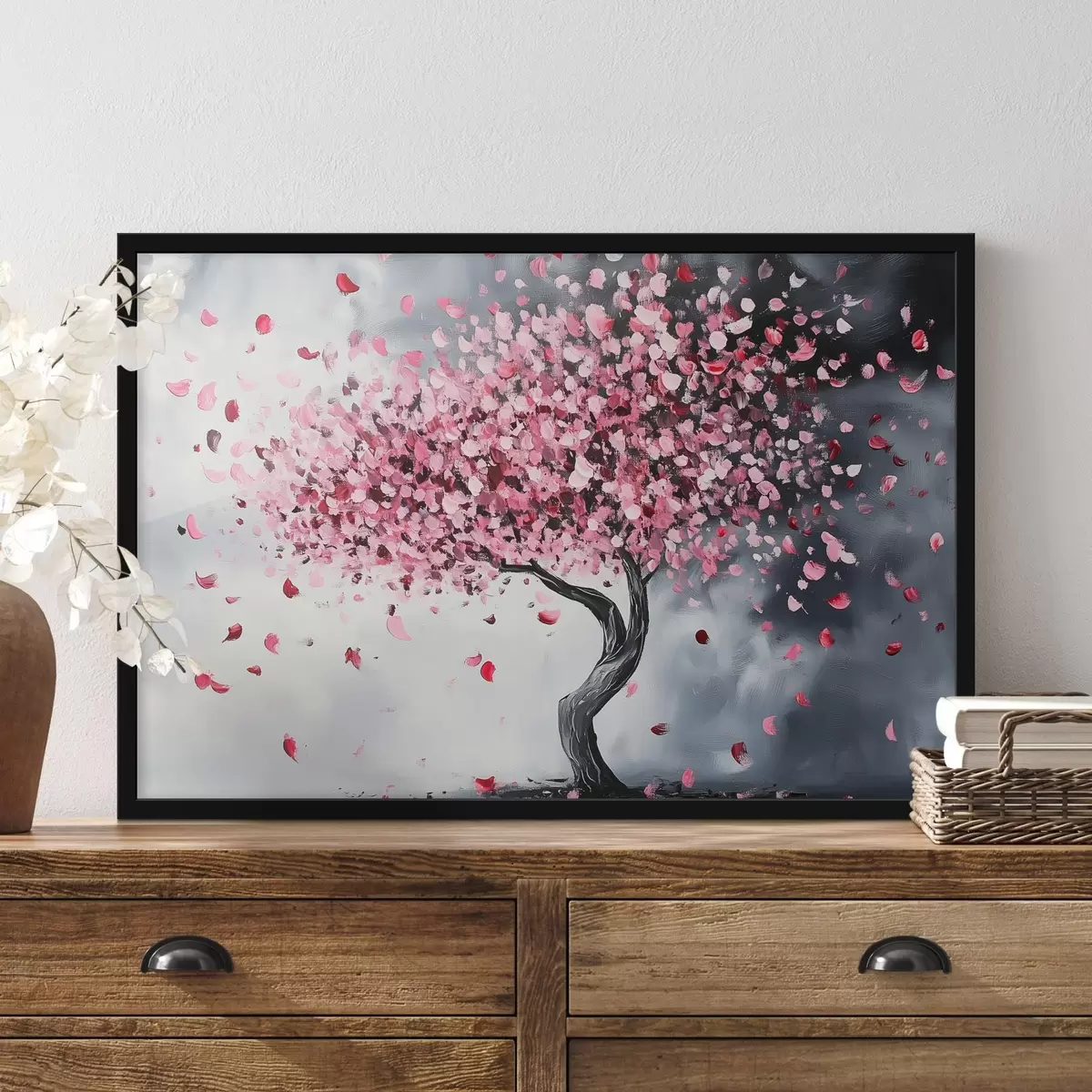 Poster Roze bloeiende boom op grijze achtergrond f43299