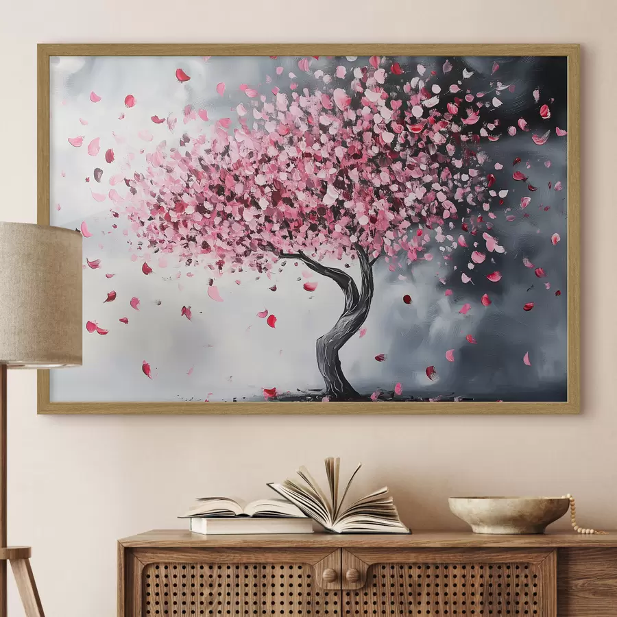Fotobehang Roze bloeiende boom op grijze achtergrond f43299