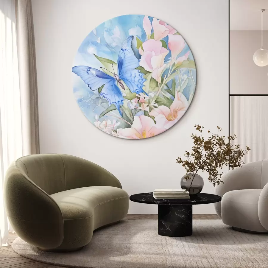  Peintures Papillon bleu et fleurs roses r43296