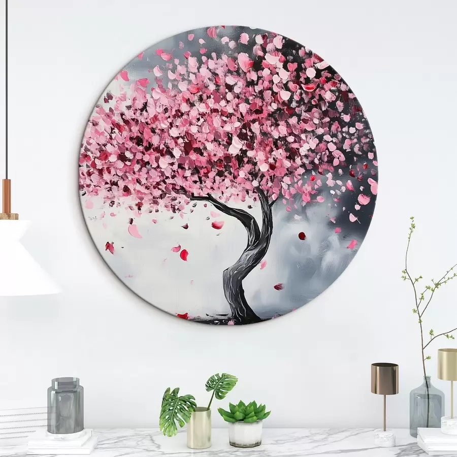  Peintures Arbre à fleurs rose sur fond gris r43299