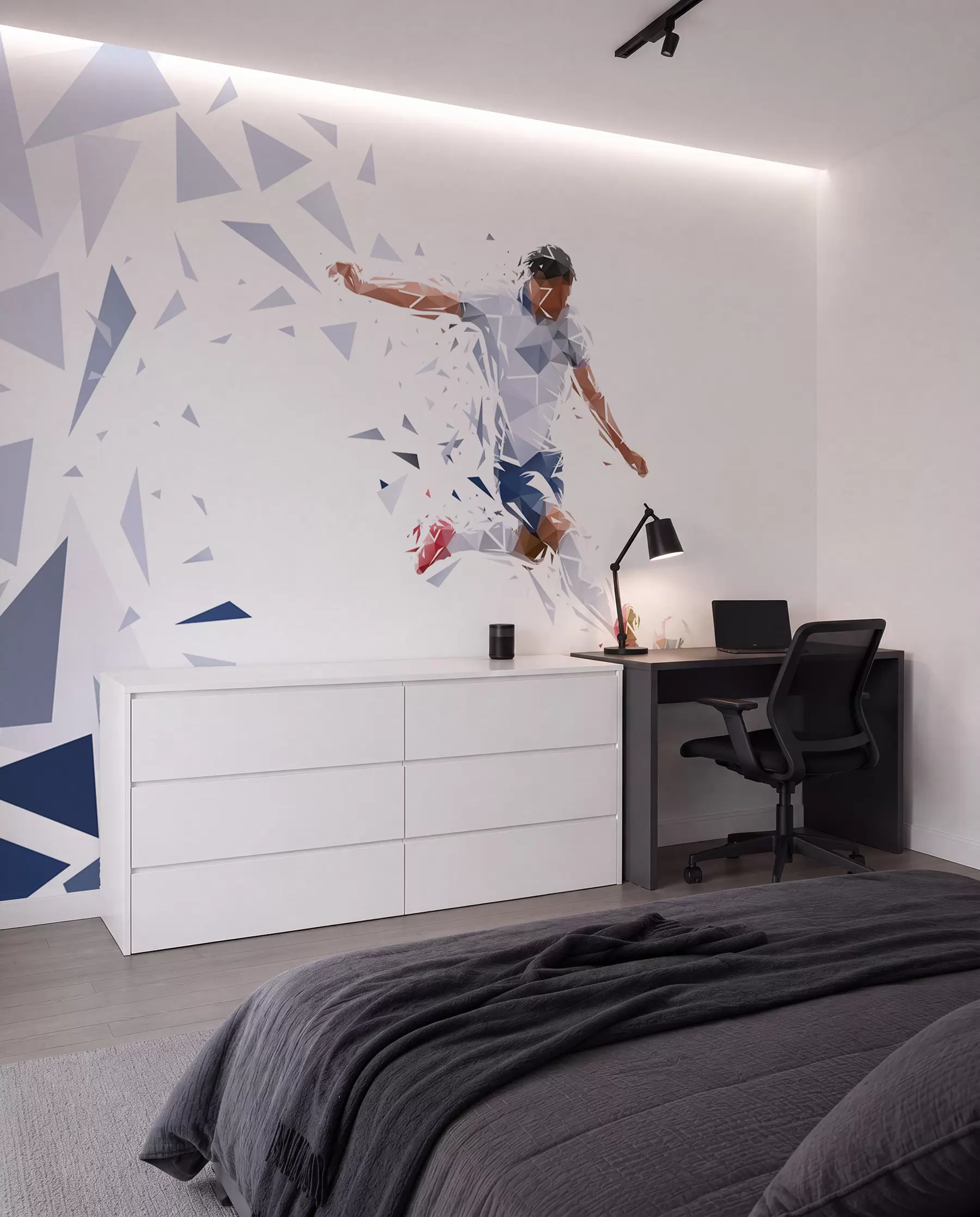 Fotobehang Dynamische voetballer in een low-poly stijl, die de bal raakt w03289
