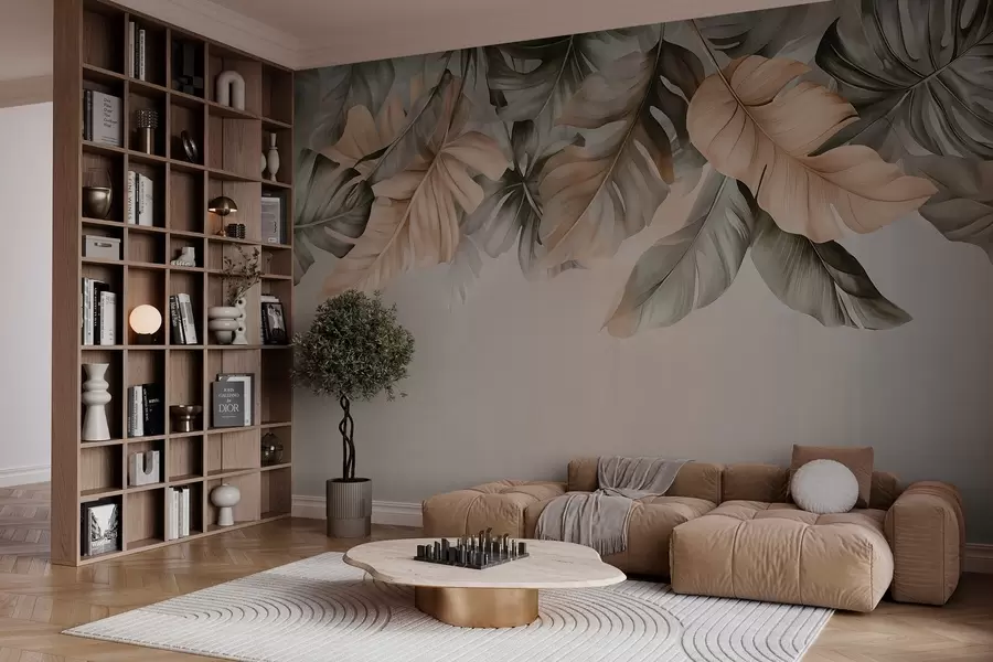 Fotobehang Tropische bladeren hangend aan de bovenkant, op een getextureerde achtergrond w03290