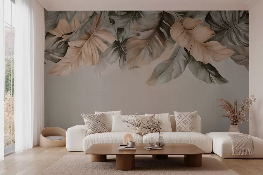 Papier peint photo Feuilles tropicales suspendues au sommet, sur un fond texturé w03290