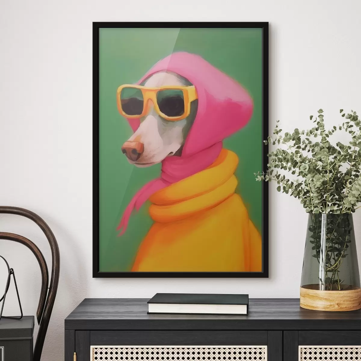 Poster Stijlvolle hond in felle kleren f43265