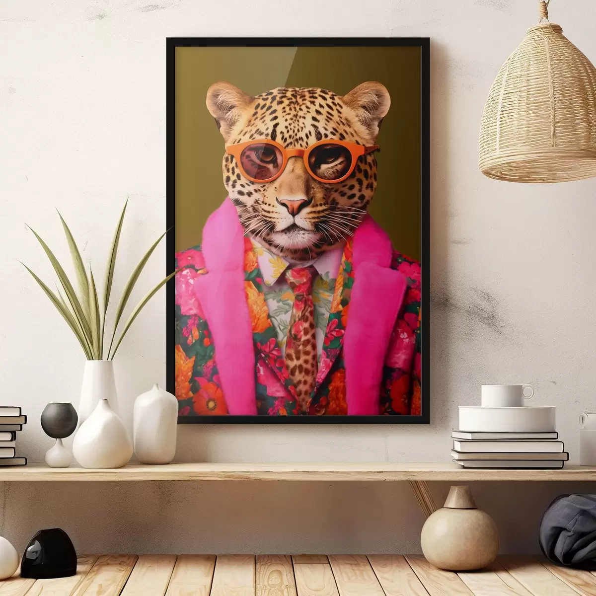 Affiche Un léopard élégant dans un costume fleuri f43267