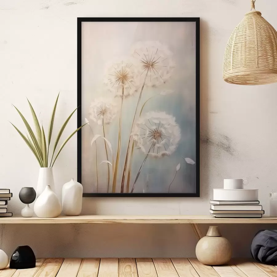 Fotobehang Delicate paardenbloemen op een pastelkleurige achtergrond f43279