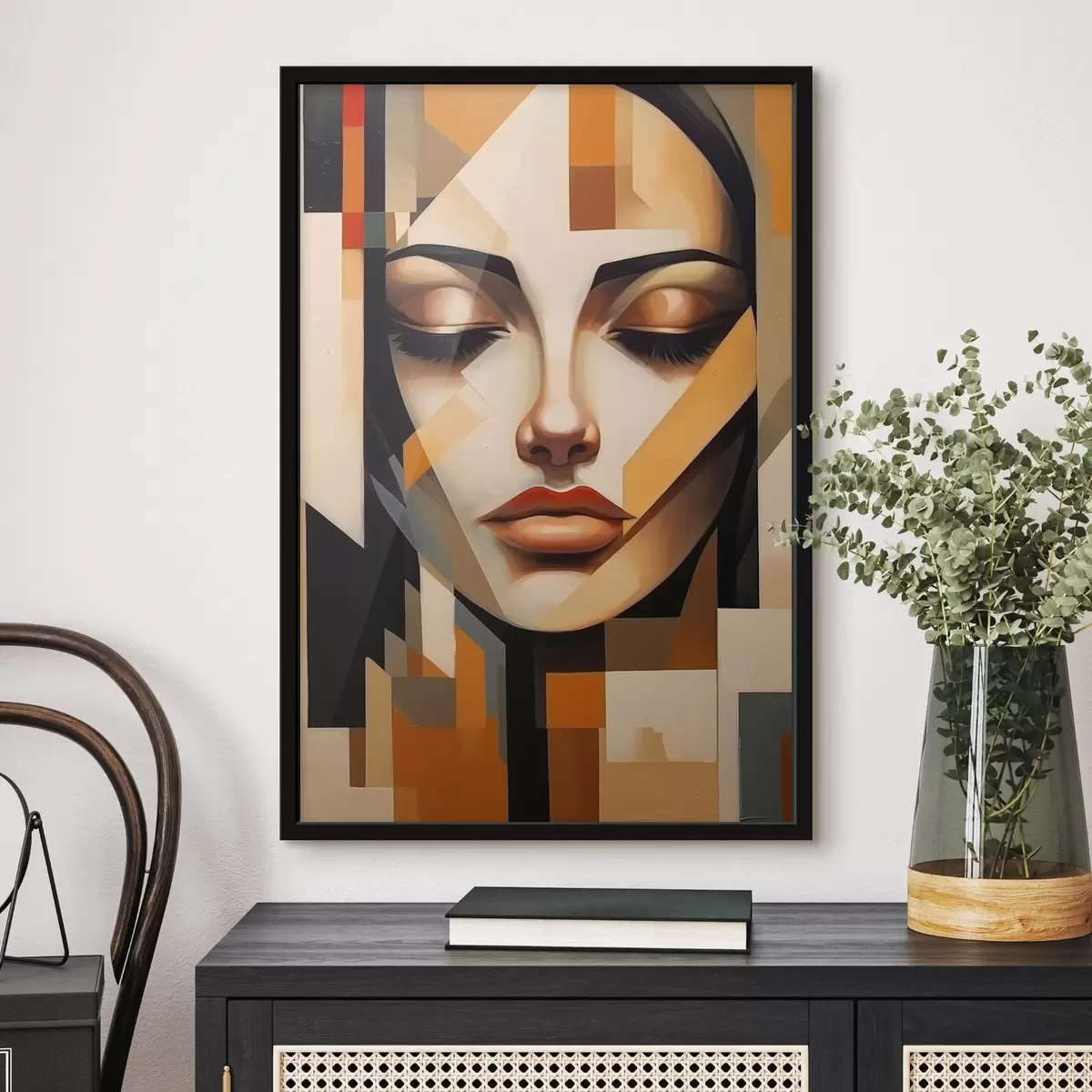 Poster Geometrisch portret in warme kleuren f43281