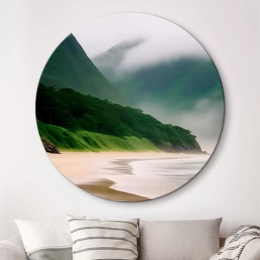  Schilderijen Mistig strand bij groene hellingen r43271