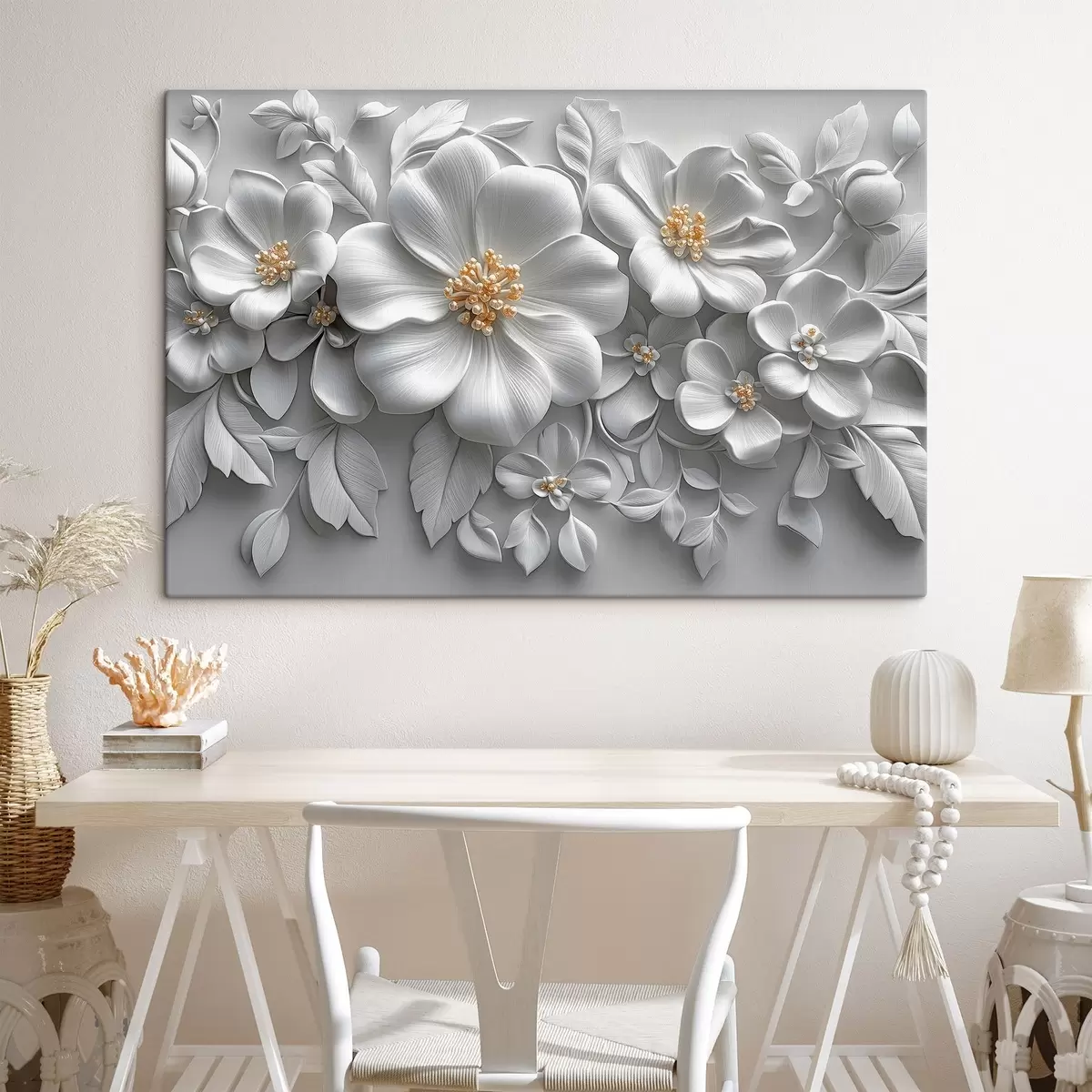  Peintures fleurs grises 3d avec un accent jaune s43310