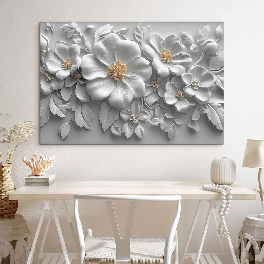  Peintures fleurs grises 3d avec un accent jaune s43310