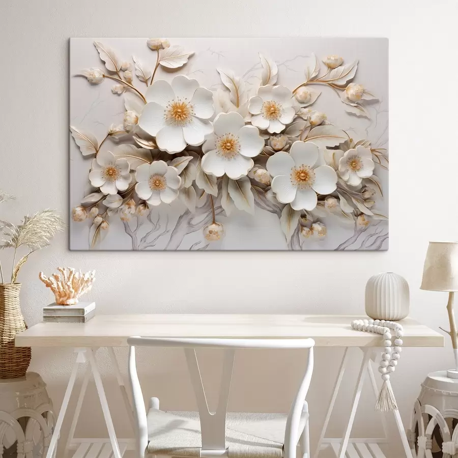  Schilderijen 3d witte bloemen in een klassieke stijl met een geel accent s43313