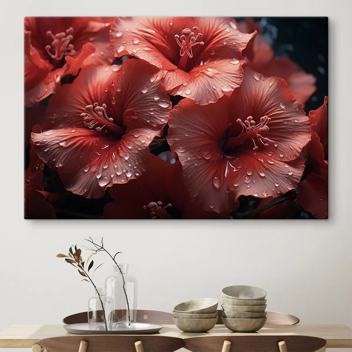  Peintures Fleurs rouges avec rosée sur les pétales s43319