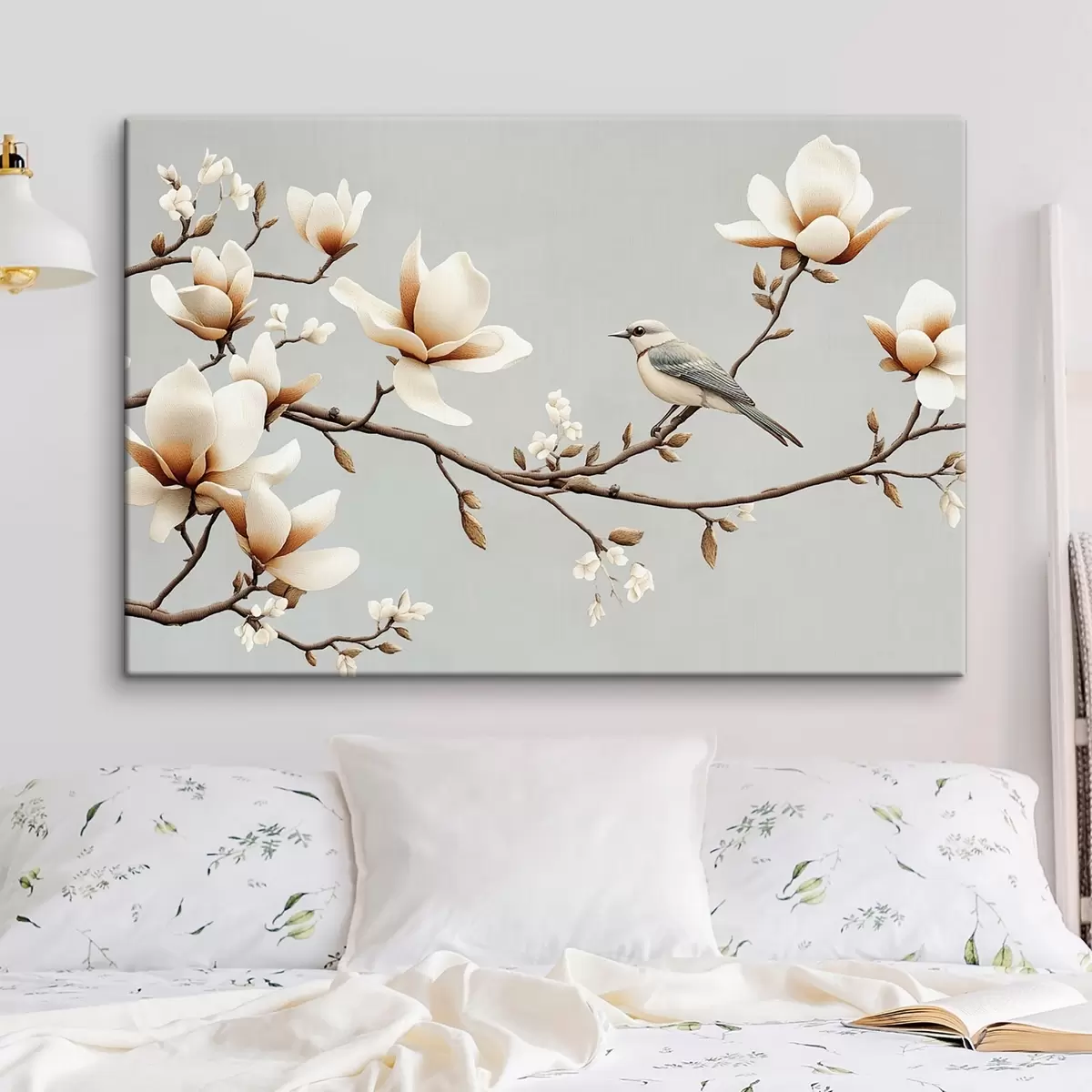  Schilderijen Vogel op een tak met magnolia's in zachte pastelkleuren s43320