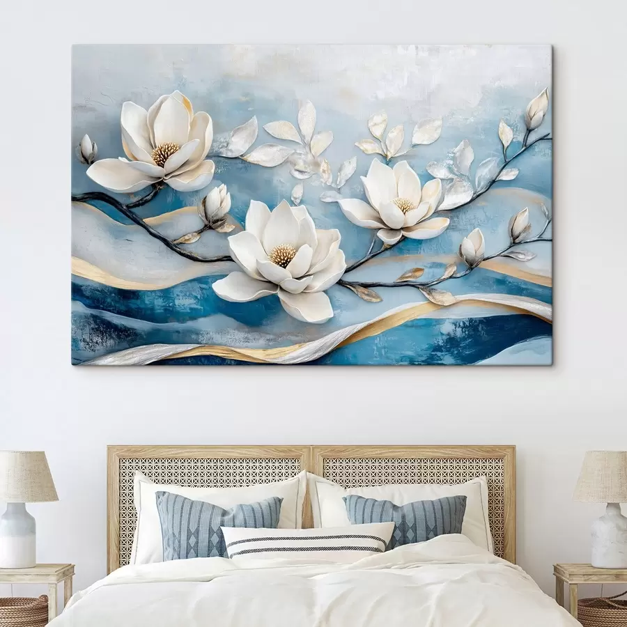  Schilderijen Magnolia tak op een abstracte blauw-gele achtergrond s43323