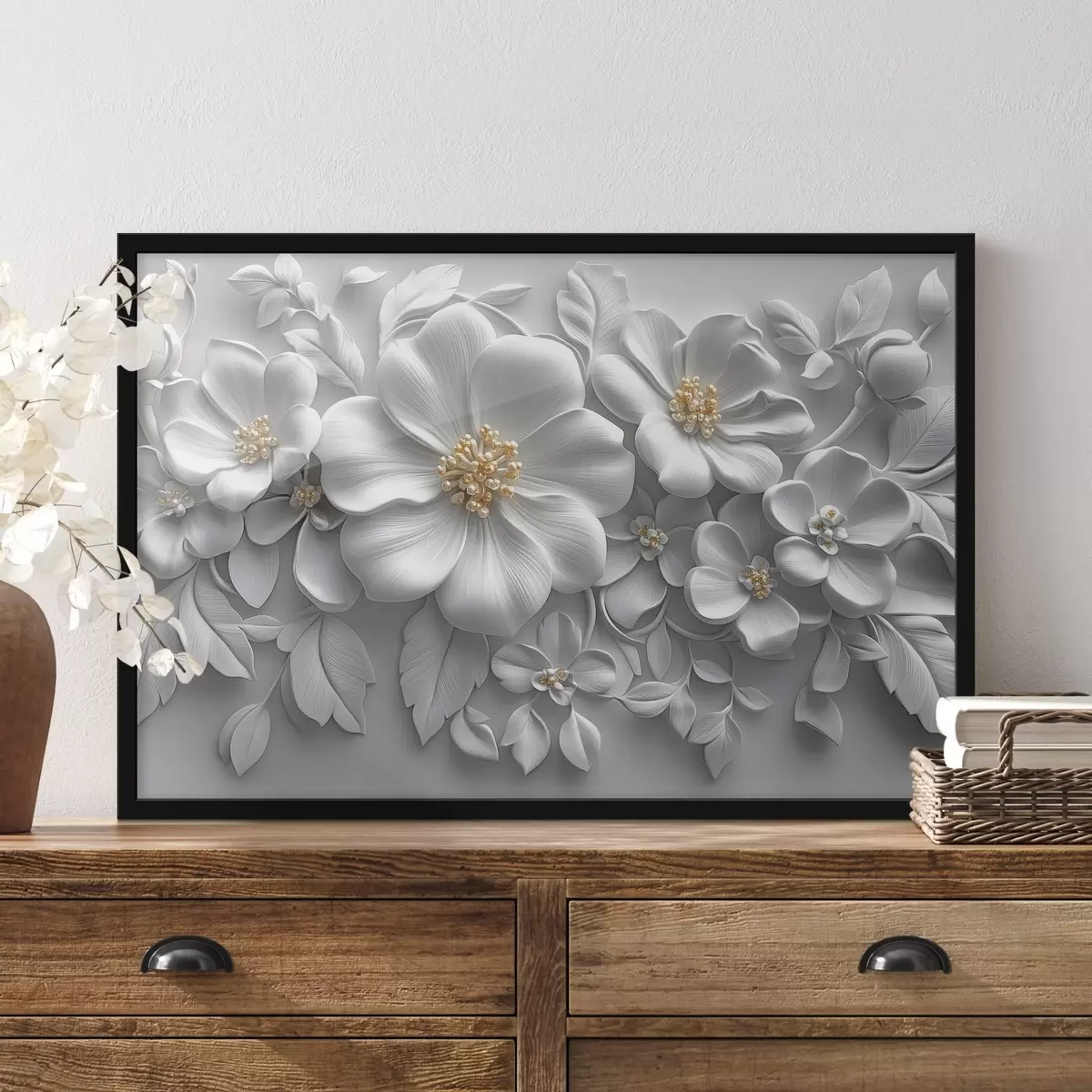 Affiche fleurs grises 3d avec un accent jaune f43310