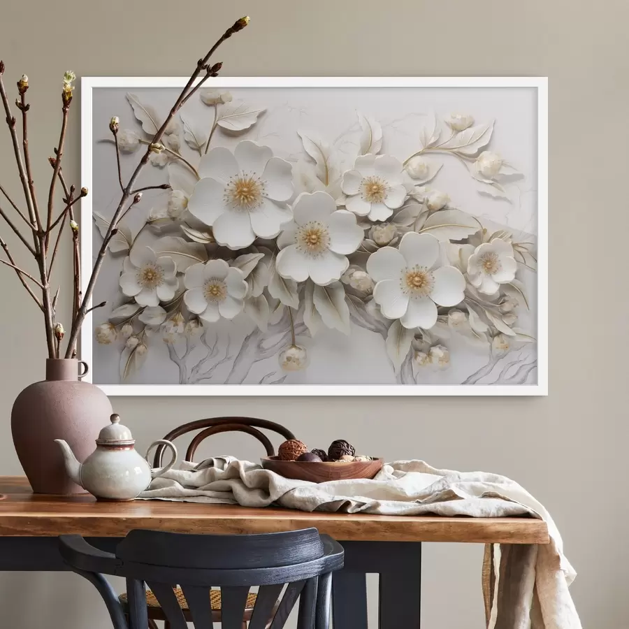 Papier peint photo 3d fleurs blanches dans un style classique avec un accent jaune f43313