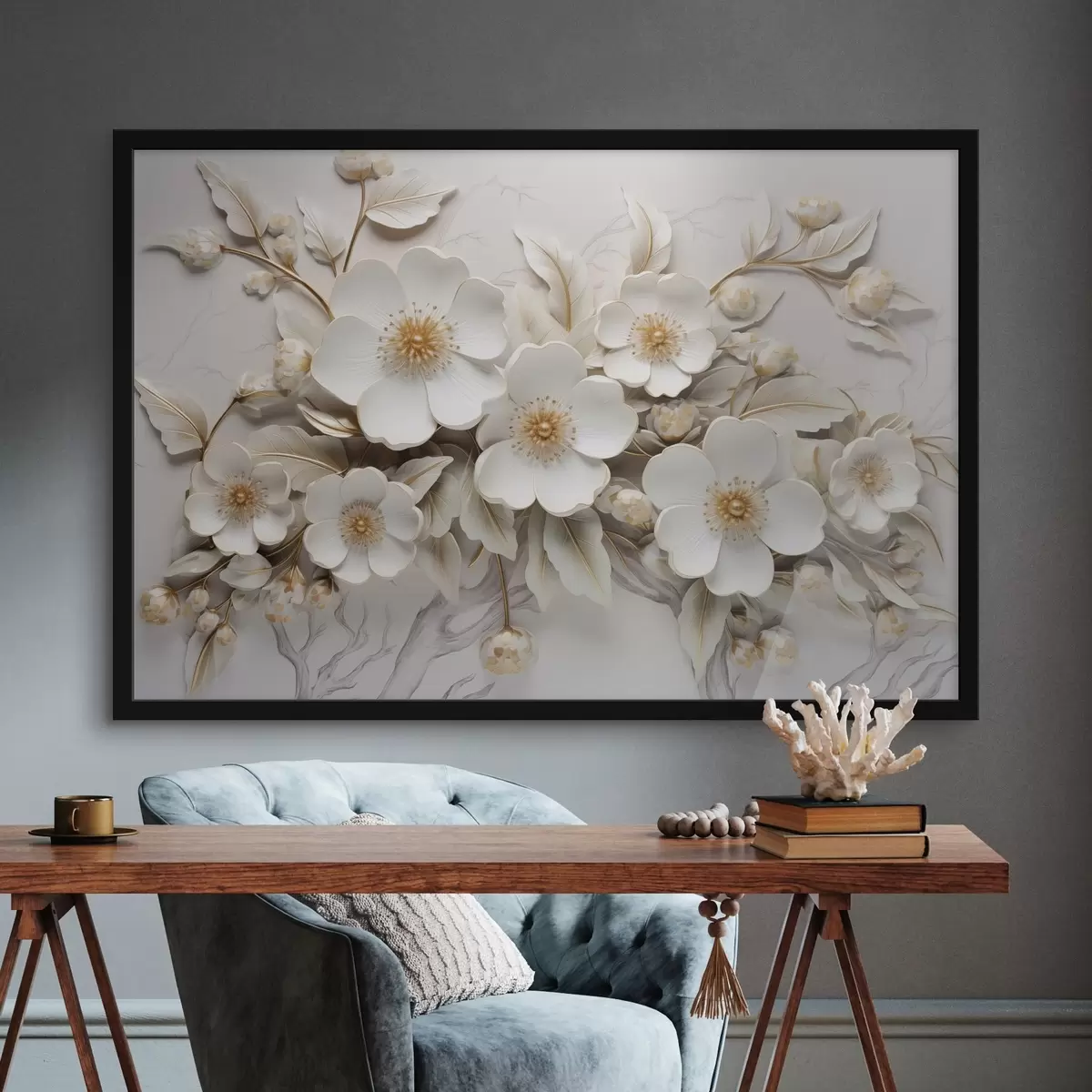 Poster 3d witte bloemen in een klassieke stijl met een geel accent f43313