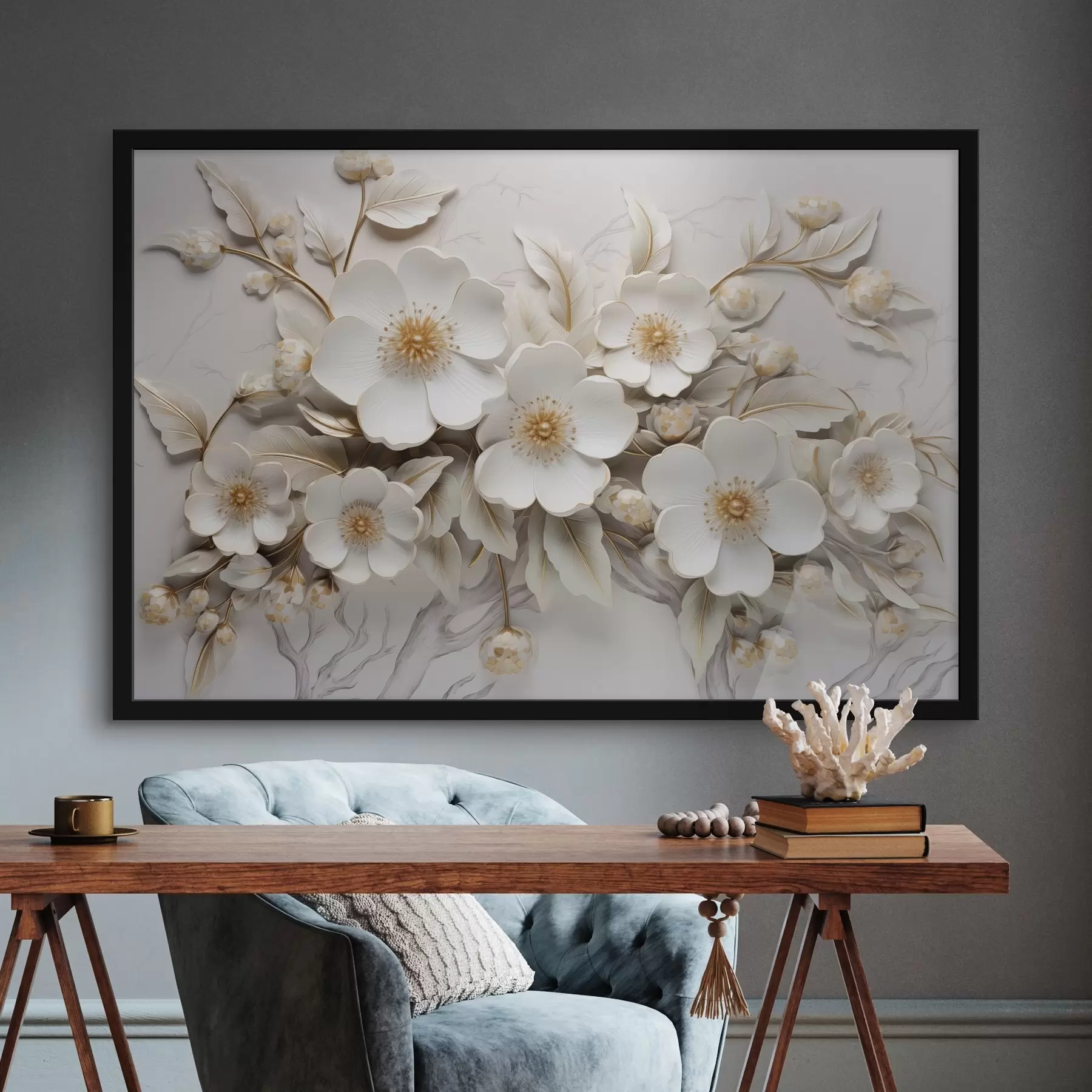 Fotobehang 3d witte bloemen in een klassieke stijl met een geel accent f43313