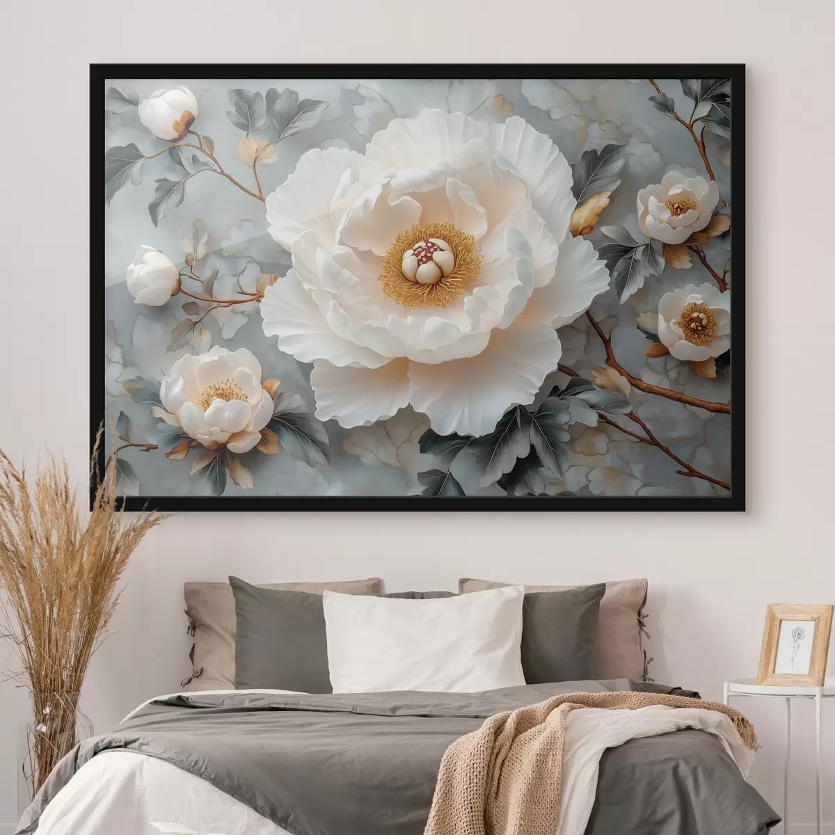 Poster Prachtige pioenroos tegen een achtergrond van bladeren en kleine pioenrozen f43315