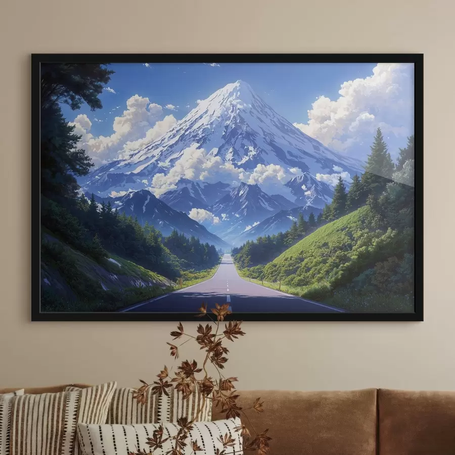 Fotobehang Weg naar de bergen met wolken en bos rondom f43317