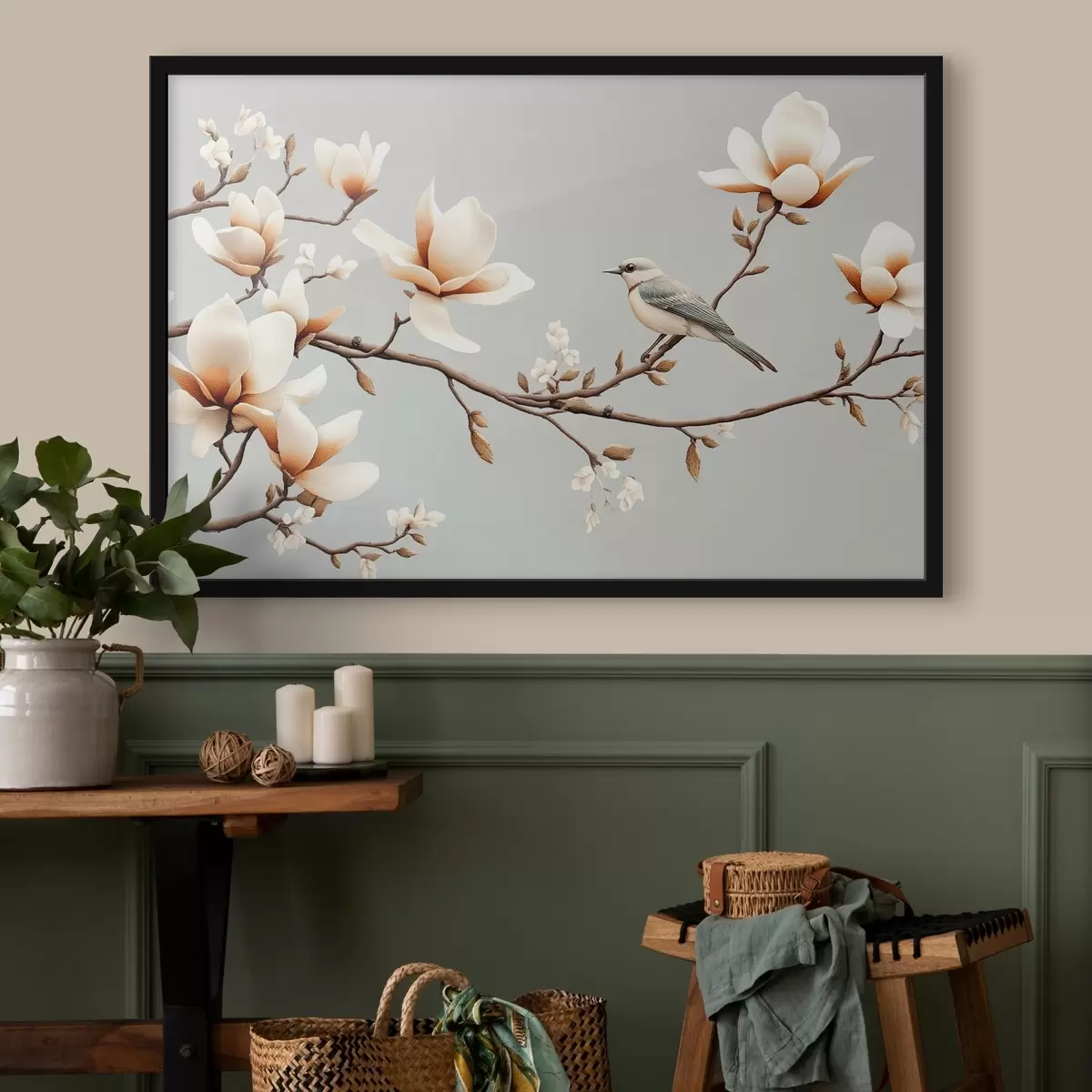 Poster Vogel op een tak met magnolia's in zachte pastelkleuren f43320