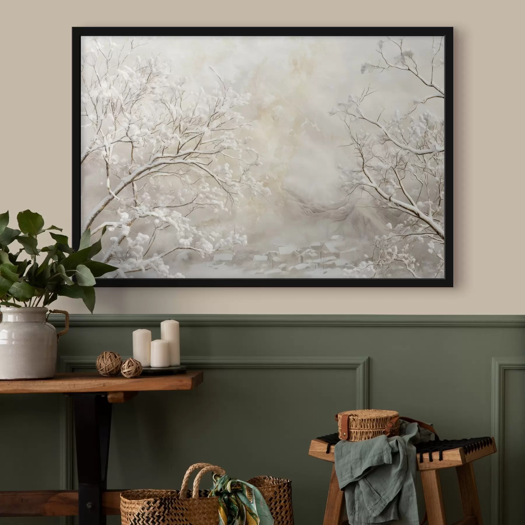 Papier peint photo Branches d'hiver avec de la neige sur fond de village d'hiver f43321