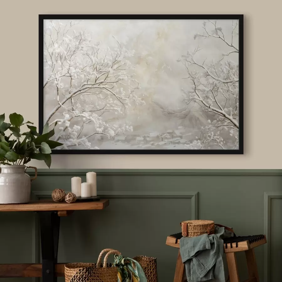 Fotobehang Wintertakken met sneeuw tegen de achtergrond van een winterdorp f43321