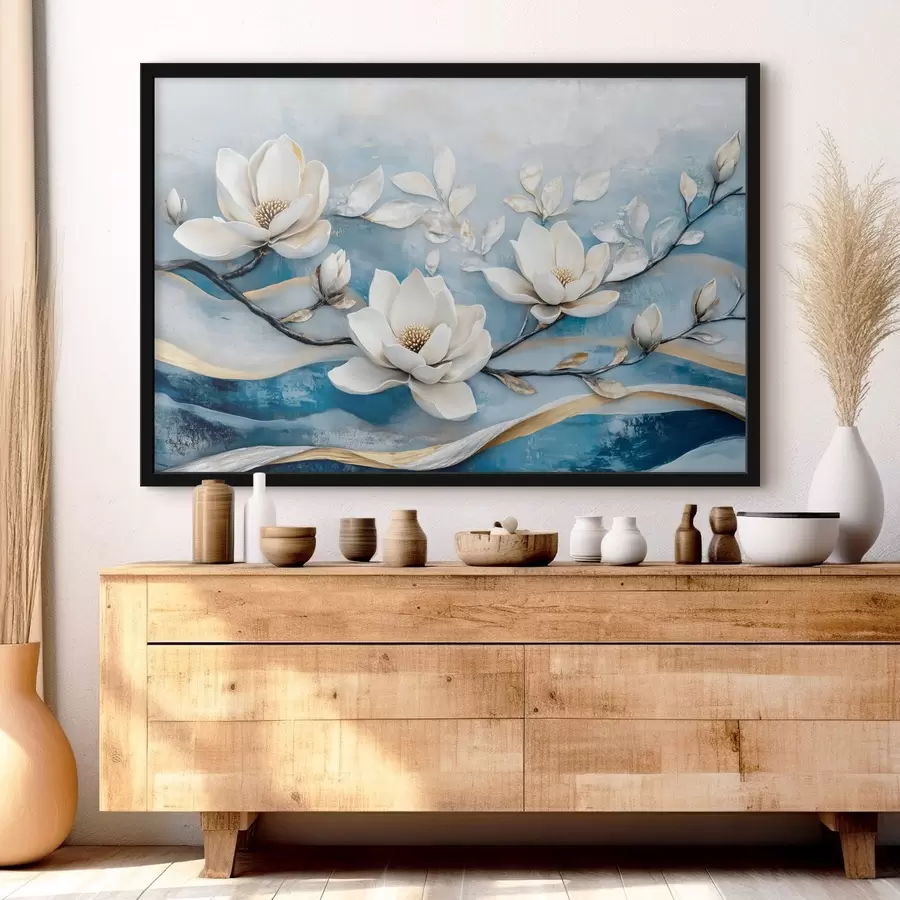 Papier peint photo Branche de magnolia sur fond abstrait bleu-jaune f43323