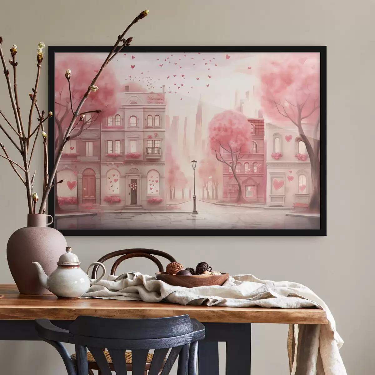 Affiche Rue romantique rose avec des cœurs f43324