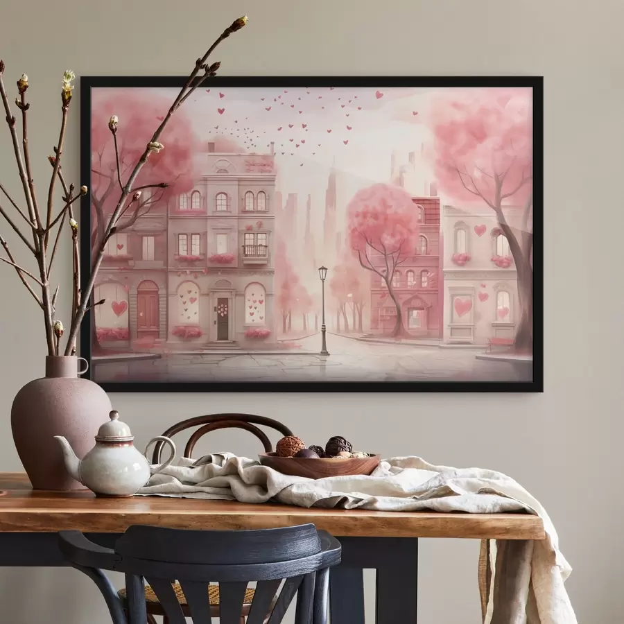 Papier peint photo Rue romantique rose avec des cœurs f43324