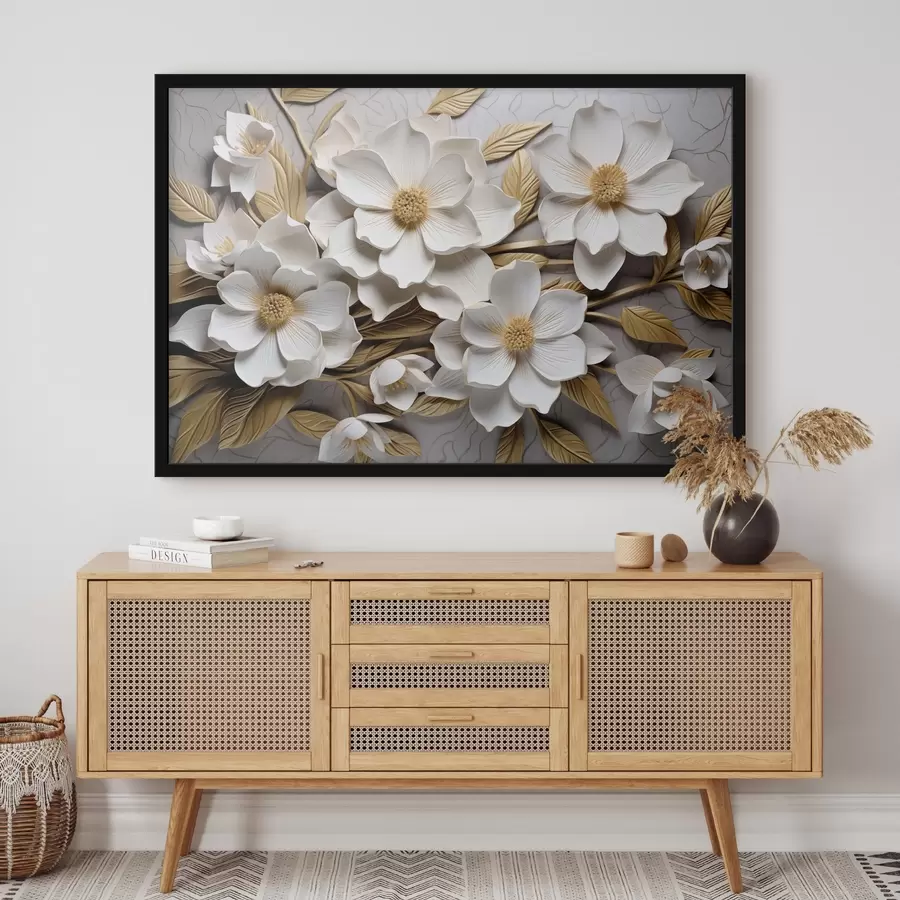 Fotobehang Witte bloemen in de stijl van een reliëf fresco met gele bladeren en meeldraden f43330