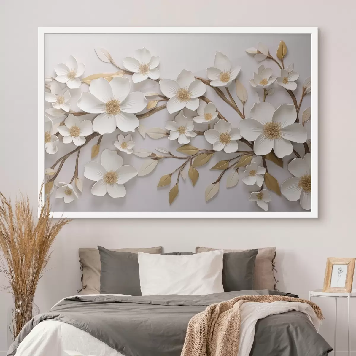 Affiche Fleurs blanches dans le style d'une fresque en relief avec des accents jaunes f43331